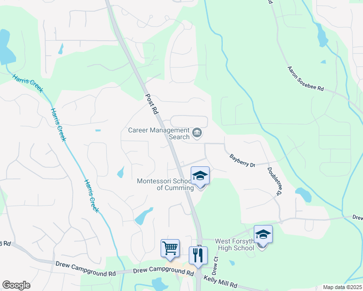 map of restaurants, bars, coffee shops, grocery stores, and more near 4620 Newberry Drive in Cumming