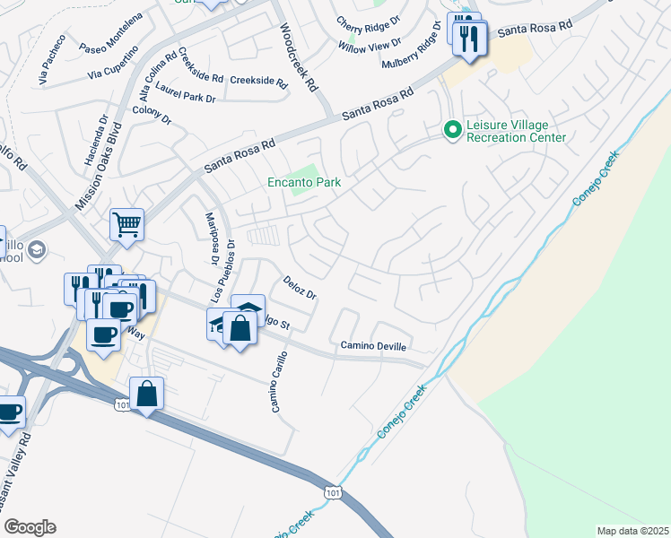 map of restaurants, bars, coffee shops, grocery stores, and more near 16107 Village 16 in Camarillo