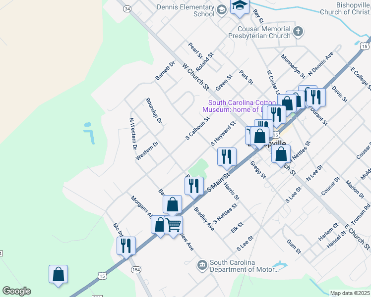 map of restaurants, bars, coffee shops, grocery stores, and more near 216 South Calhoun Street in Bishopville