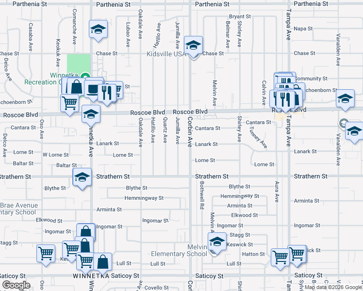 map of restaurants, bars, coffee shops, grocery stores, and more near 8140 Jumilla Avenue in Los Angeles