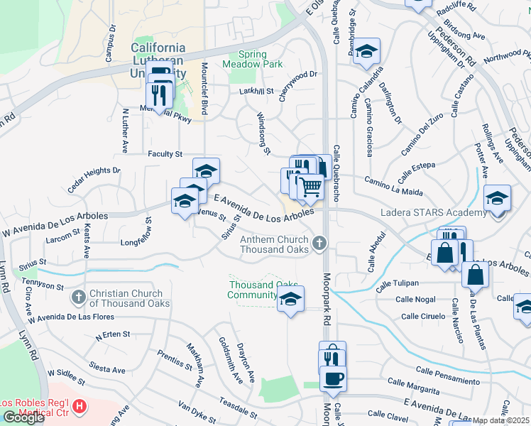 map of restaurants, bars, coffee shops, grocery stores, and more near 191 East Avenida De Los Arboles in Thousand Oaks