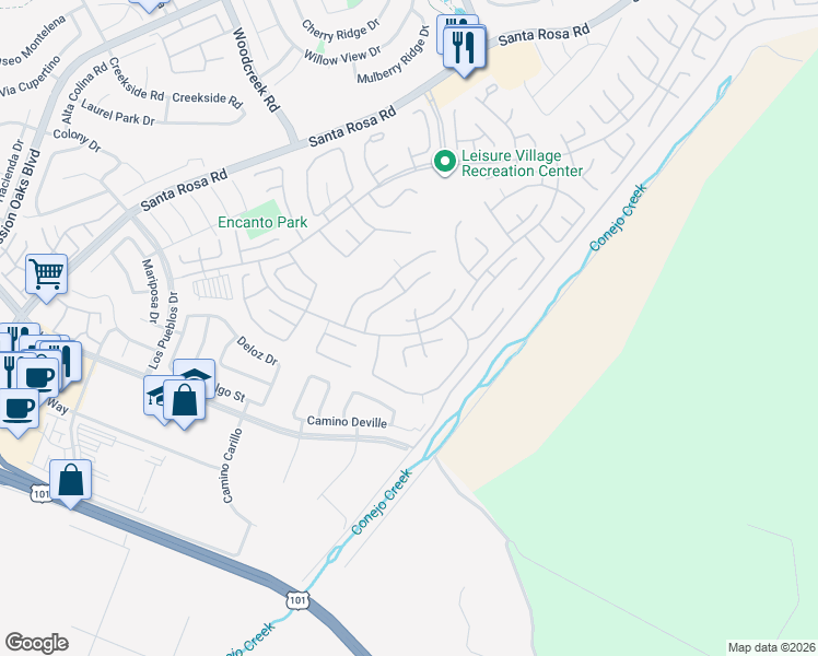 map of restaurants, bars, coffee shops, grocery stores, and more near 19206 Village 19 in Camarillo