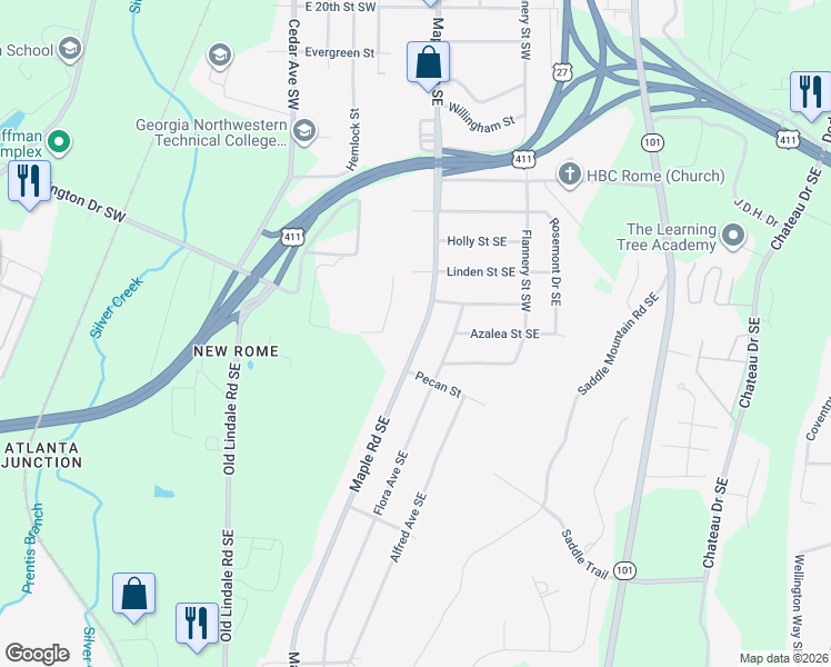 map of restaurants, bars, coffee shops, grocery stores, and more near 2510 Maple Road Southeast in Rome