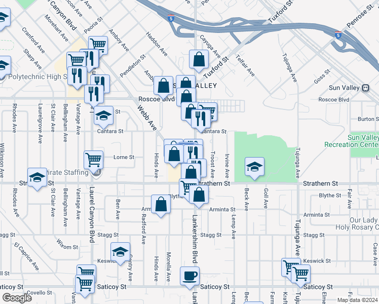 map of restaurants, bars, coffee shops, grocery stores, and more near 8062 Webb Avenue in Los Angeles