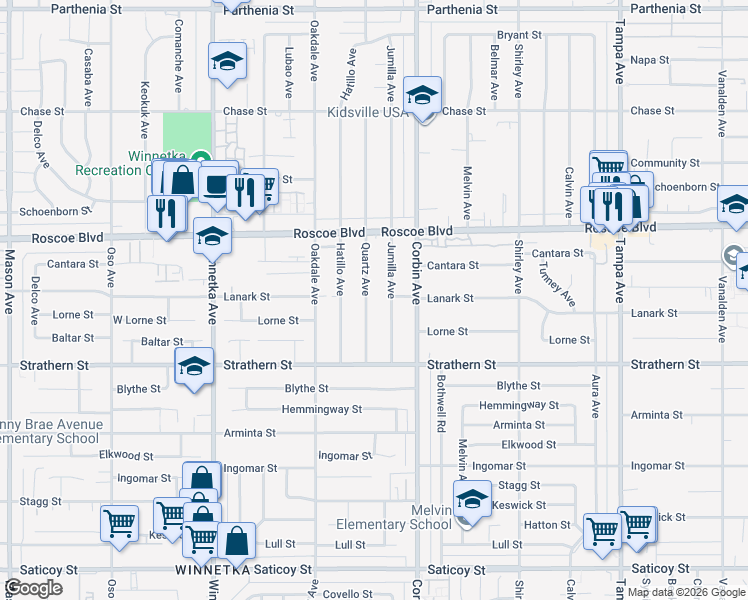 map of restaurants, bars, coffee shops, grocery stores, and more near 8140 Quartz Avenue in Los Angeles