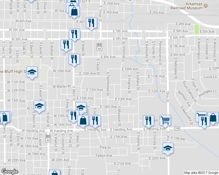 map of restaurants, bars, coffee shops, grocery stores, and more near 1103 South Tennessee Street in Pine Bluff