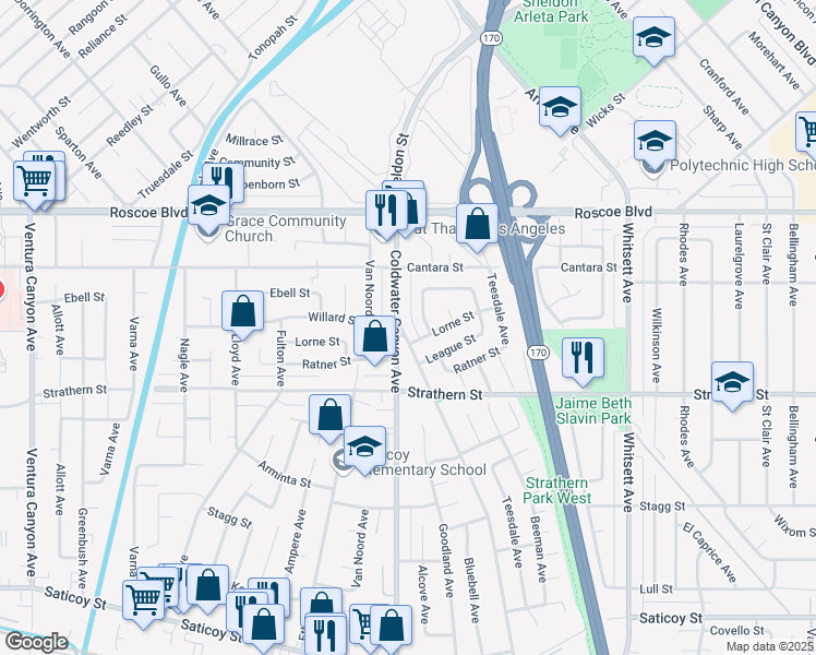 map of restaurants, bars, coffee shops, grocery stores, and more near 8100 Bellaire Avenue in Los Angeles