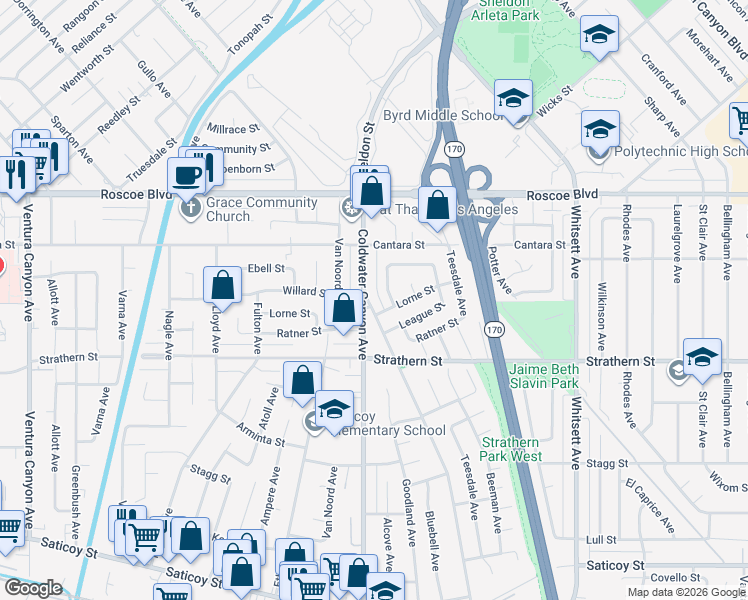 map of restaurants, bars, coffee shops, grocery stores, and more near 8100 Bellaire Avenue in Los Angeles