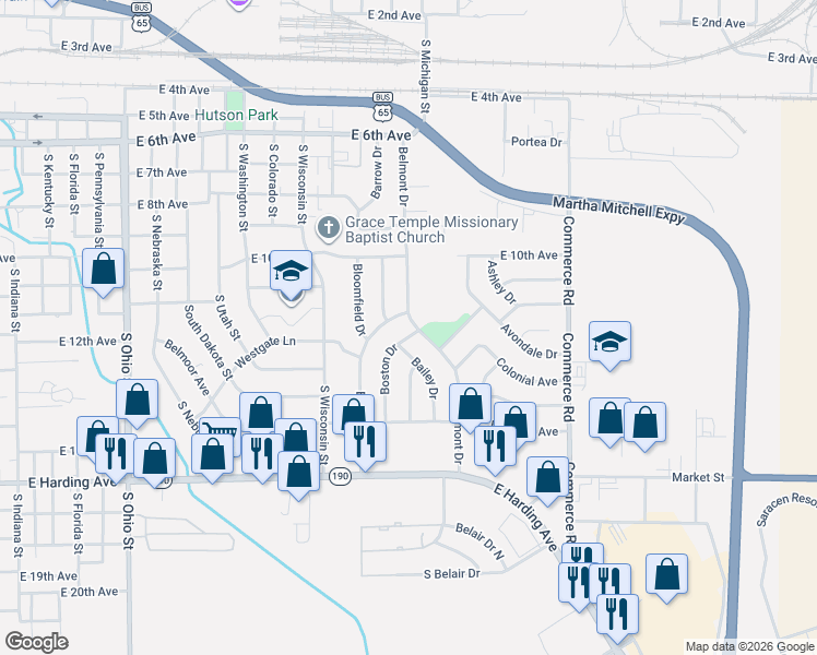 map of restaurants, bars, coffee shops, grocery stores, and more near 1104 Boston Drive in Pine Bluff