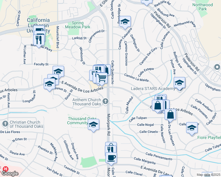 map of restaurants, bars, coffee shops, grocery stores, and more near 2760 Calle Quebracho in Thousand Oaks