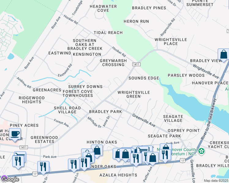map of restaurants, bars, coffee shops, grocery stores, and more near 6034 Wrightsville Avenue in Wilmington
