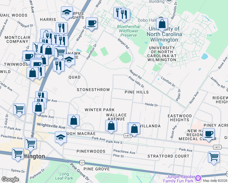 map of restaurants, bars, coffee shops, grocery stores, and more near 305 North Wallace Avenue in Wilmington