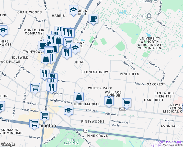 map of restaurants, bars, coffee shops, grocery stores, and more near 4902 Seabrook Court in Wilmington