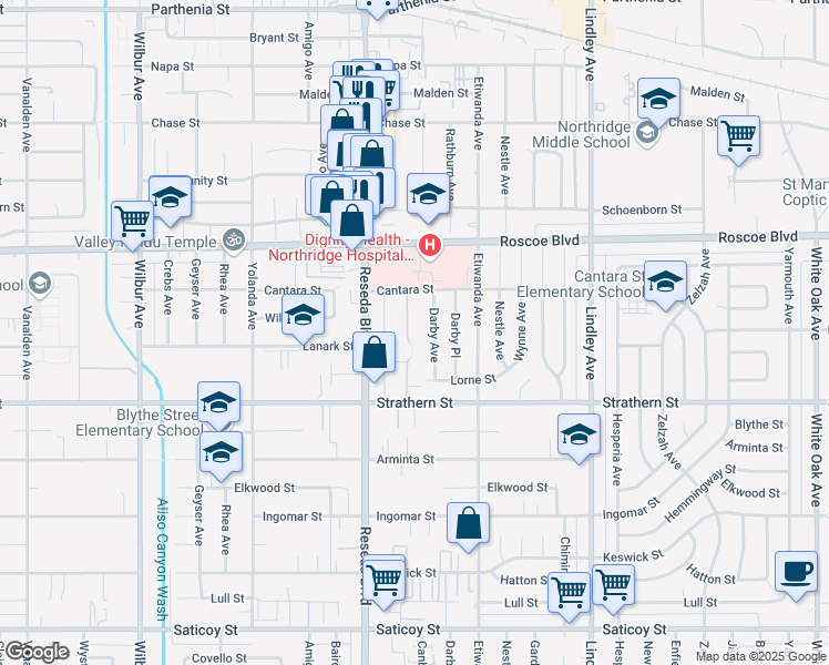 map of restaurants, bars, coffee shops, grocery stores, and more near 8120 Canby Avenue in Los Angeles