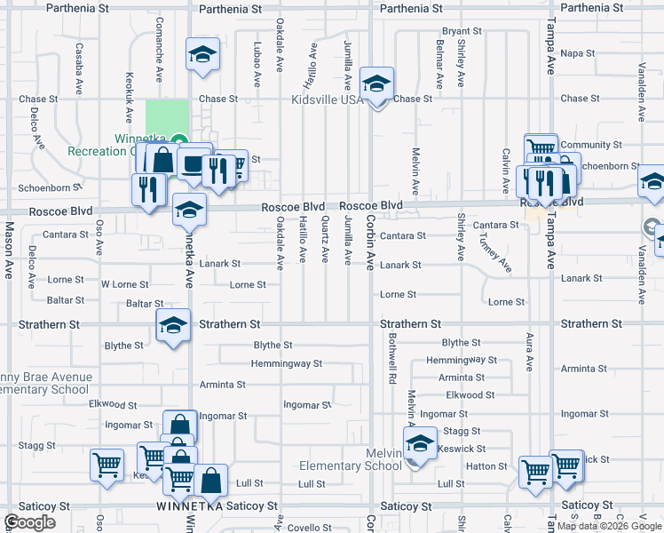 map of restaurants, bars, coffee shops, grocery stores, and more near 8140 Quartz Avenue in Los Angeles