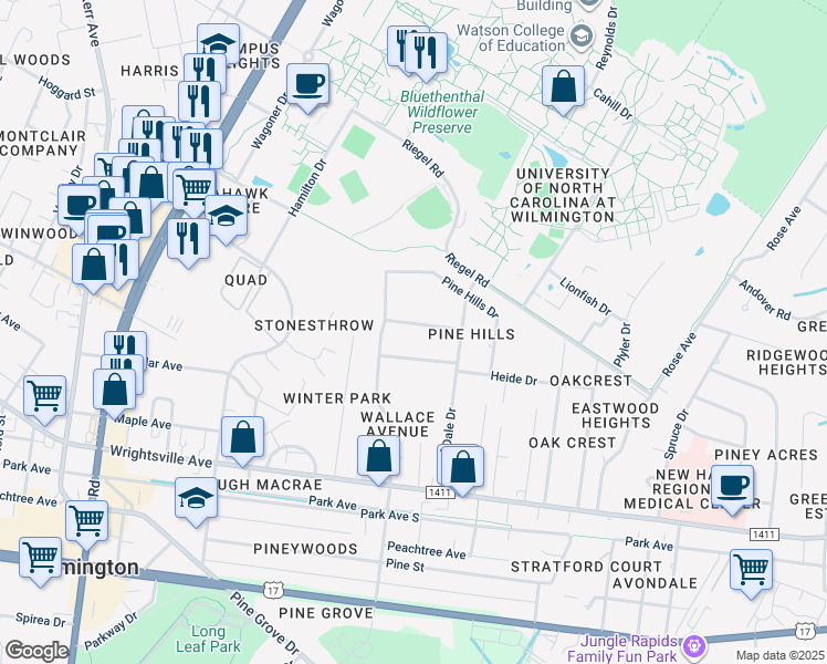 map of restaurants, bars, coffee shops, grocery stores, and more near 5012 Barefoot Drive in Wilmington