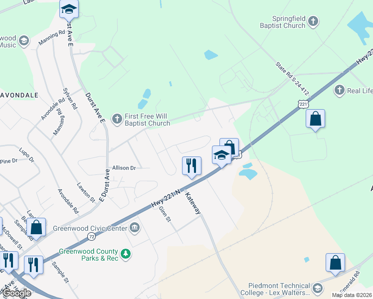 map of restaurants, bars, coffee shops, grocery stores, and more near 308 State Road S-24-51 in Greenwood