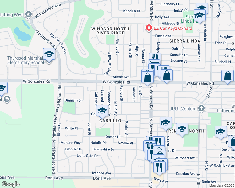 map of restaurants, bars, coffee shops, grocery stores, and more near 1720 Astoria Place in Oxnard