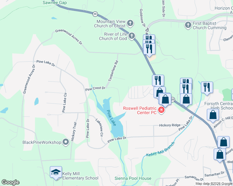 map of restaurants, bars, coffee shops, grocery stores, and more near 111 Pine Crest Drive in Cumming