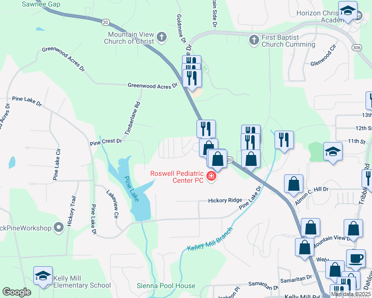 map of restaurants, bars, coffee shops, grocery stores, and more near 593 Sawnee Corners Drive in Cumming