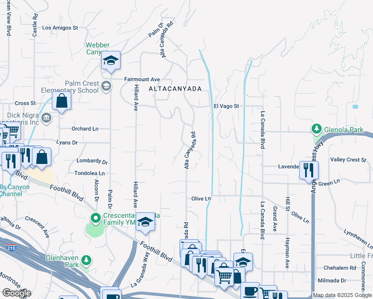 map of restaurants, bars, coffee shops, grocery stores, and more near 4953 Alta Canyada Road in La Cañada Flintridge