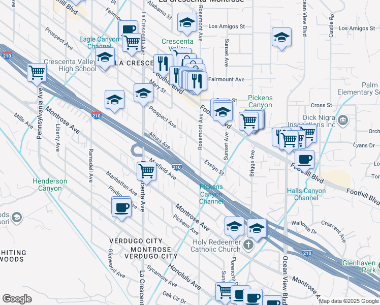 map of restaurants, bars, coffee shops, grocery stores, and more near 2629 Altura Avenue in La Crescenta-Montrose