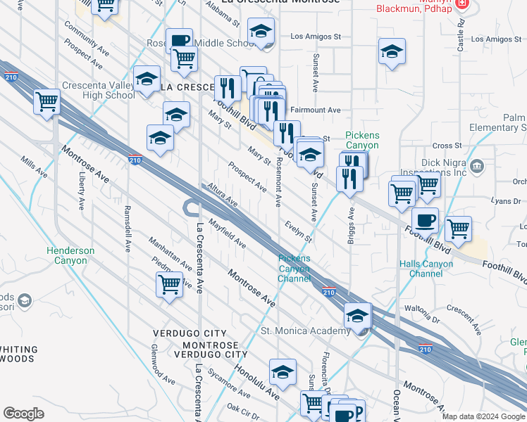 map of restaurants, bars, coffee shops, grocery stores, and more near 2629 Altura Avenue in La Crescenta-Montrose
