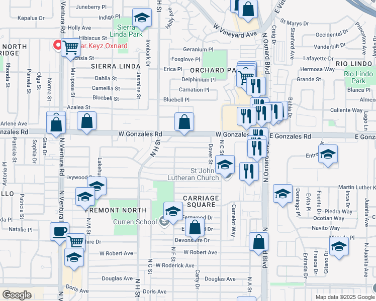 map of restaurants, bars, coffee shops, grocery stores, and more near 610 Lawnwood Way in Oxnard