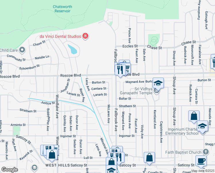map of restaurants, bars, coffee shops, grocery stores, and more near 8202 McLaren Avenue in Los Angeles