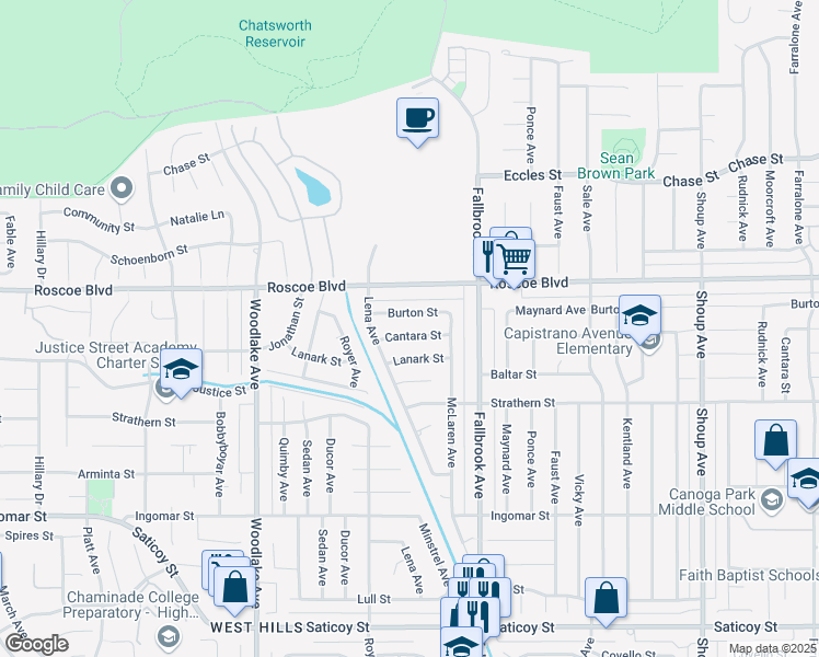 map of restaurants, bars, coffee shops, grocery stores, and more near 22915 Cantara Street in Los Angeles