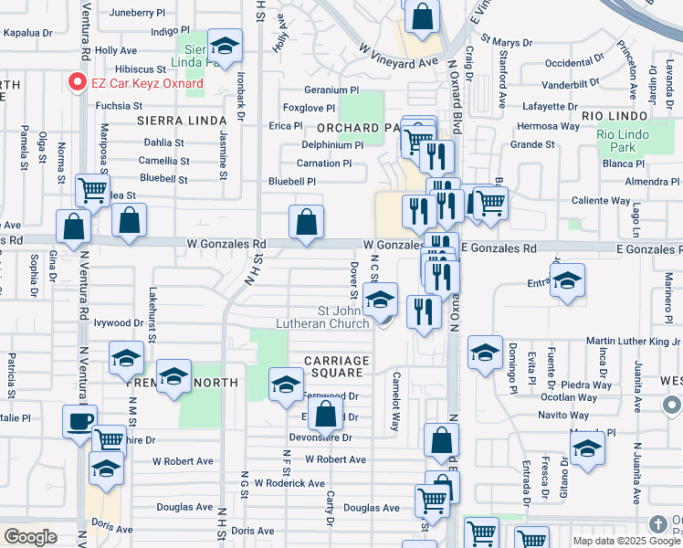 map of restaurants, bars, coffee shops, grocery stores, and more near 520 Lawnwood Way in Oxnard