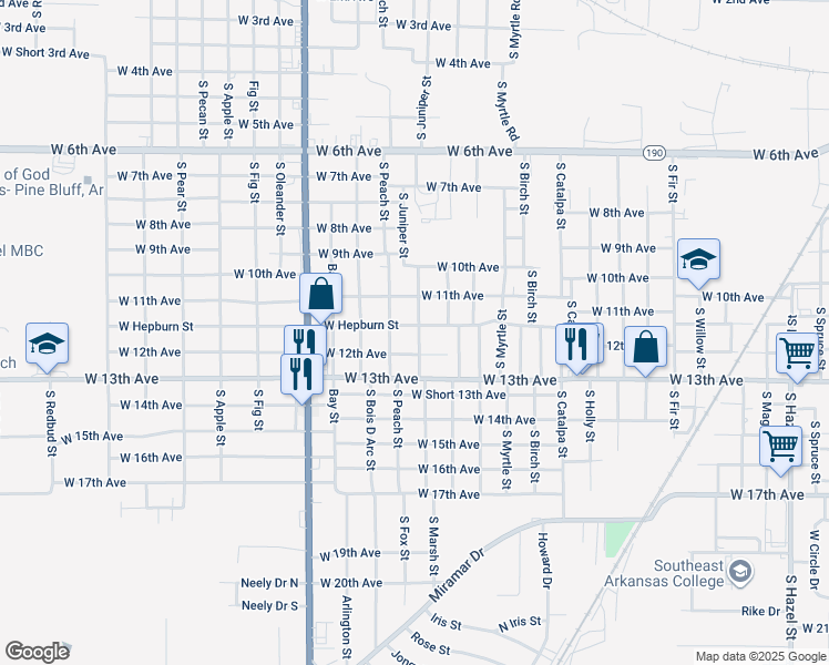 map of restaurants, bars, coffee shops, grocery stores, and more near 3520 West Hepburn Street in Pine Bluff