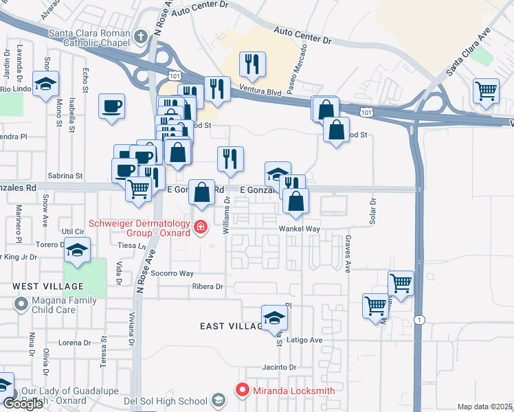 map of restaurants, bars, coffee shops, grocery stores, and more near 2060 Zocolo Street in Oxnard
