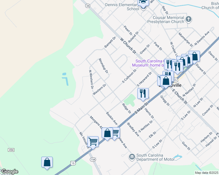 map of restaurants, bars, coffee shops, grocery stores, and more near Ridge Street in Bishopville
