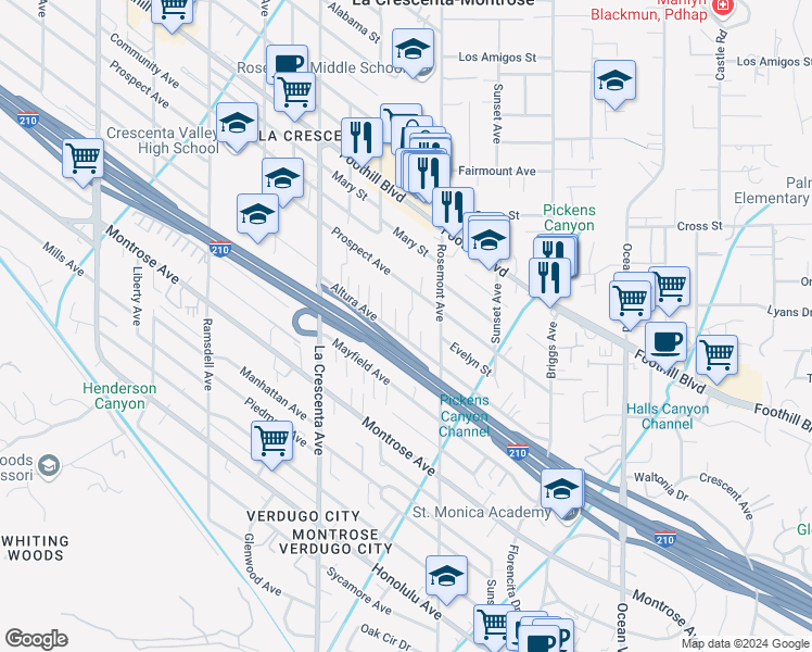 map of restaurants, bars, coffee shops, grocery stores, and more near 2637 Altura Avenue in La Crescenta-Montrose