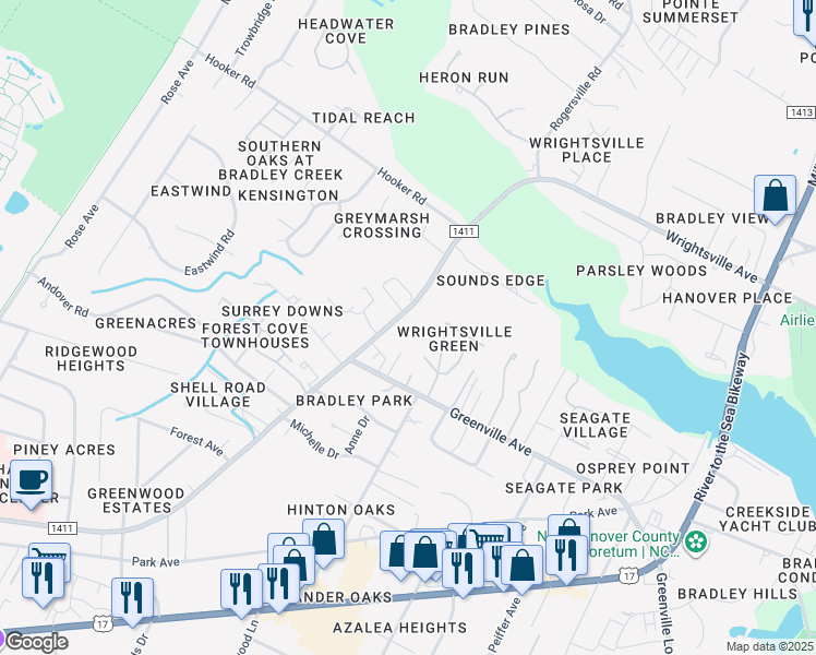 map of restaurants, bars, coffee shops, grocery stores, and more near 6034 Wrightsville Avenue in Wilmington