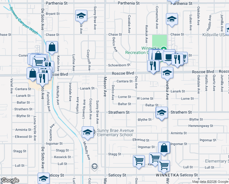 map of restaurants, bars, coffee shops, grocery stores, and more near 20416 Lanark Street in Los Angeles