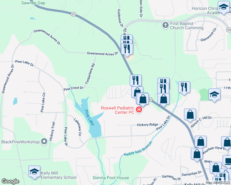 map of restaurants, bars, coffee shops, grocery stores, and more near Sawnee Corners Drive in Cumming