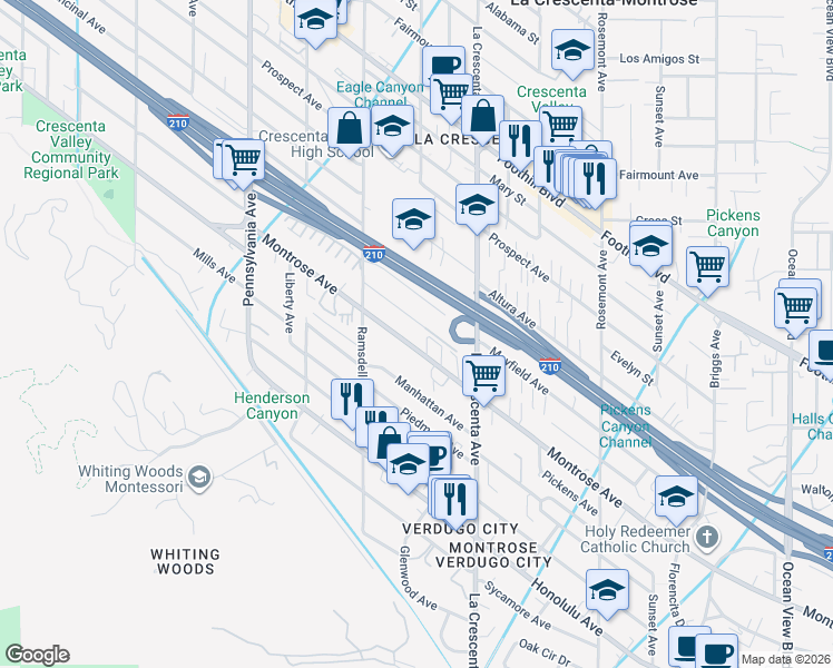 map of restaurants, bars, coffee shops, grocery stores, and more near 2905 Montrose Avenue in Glendale