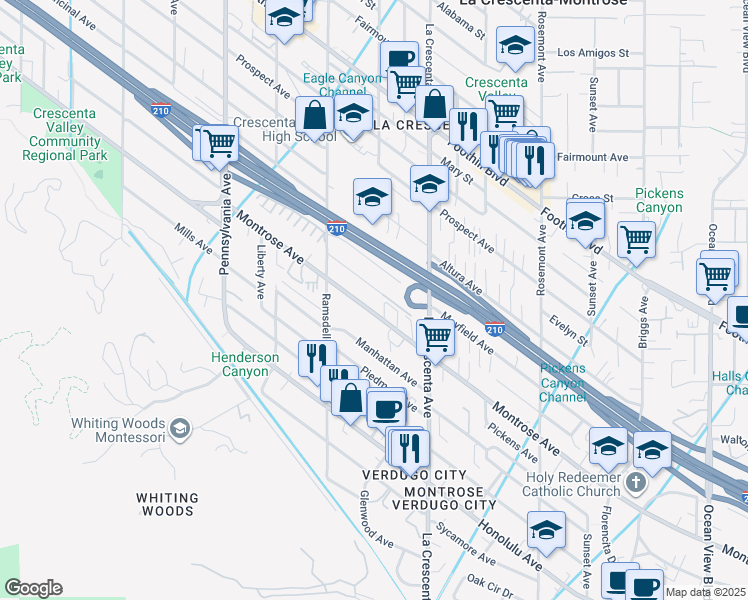 map of restaurants, bars, coffee shops, grocery stores, and more near 2915 Montrose Avenue in Glendale