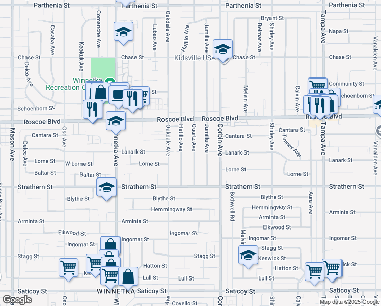 map of restaurants, bars, coffee shops, grocery stores, and more near 8139 Quartz Avenue in Los Angeles