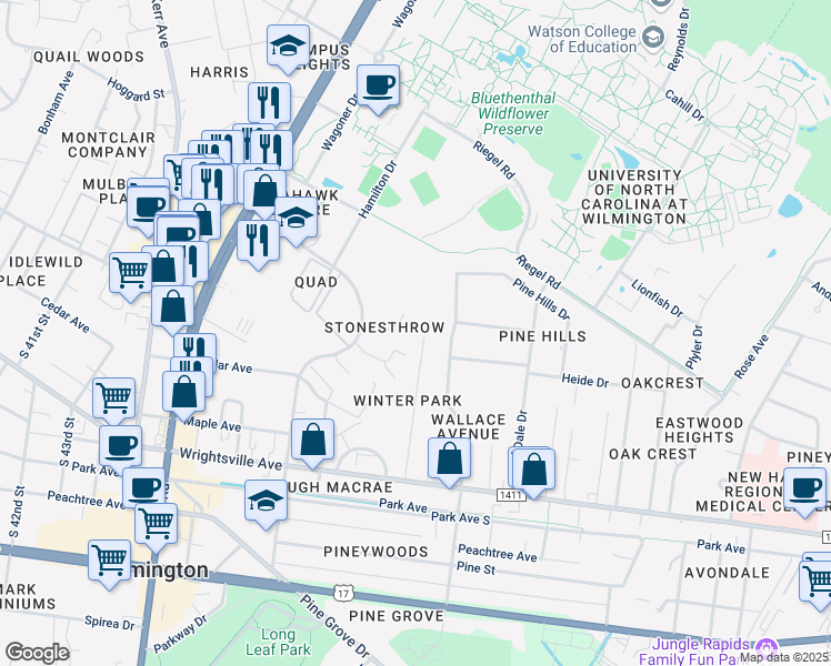 map of restaurants, bars, coffee shops, grocery stores, and more near 815 Seabury Court in Wilmington