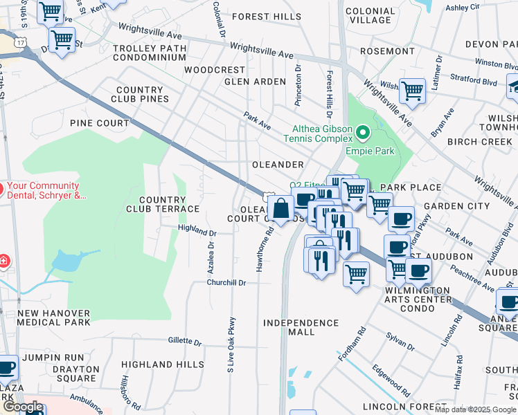 map of restaurants, bars, coffee shops, grocery stores, and more near 2940 Oleander Drive in Wilmington