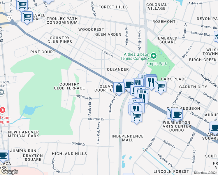 map of restaurants, bars, coffee shops, grocery stores, and more near 2940 Oleander Drive in Wilmington