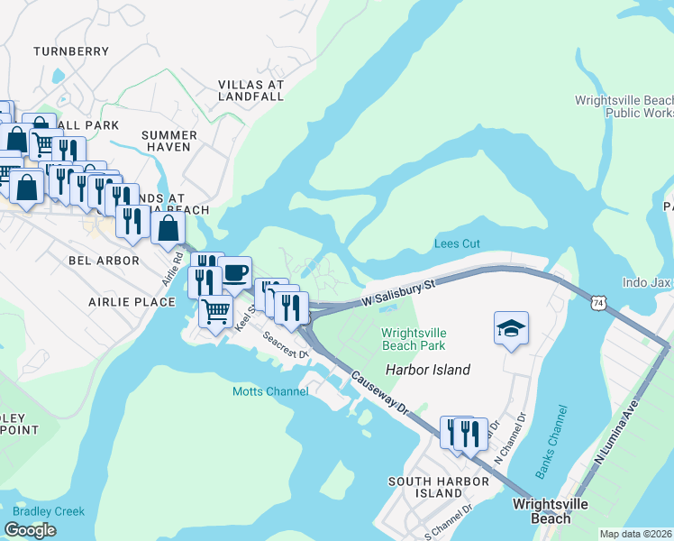 map of restaurants, bars, coffee shops, grocery stores, and more near 121 Seaside Ln in Wrightsville Beach