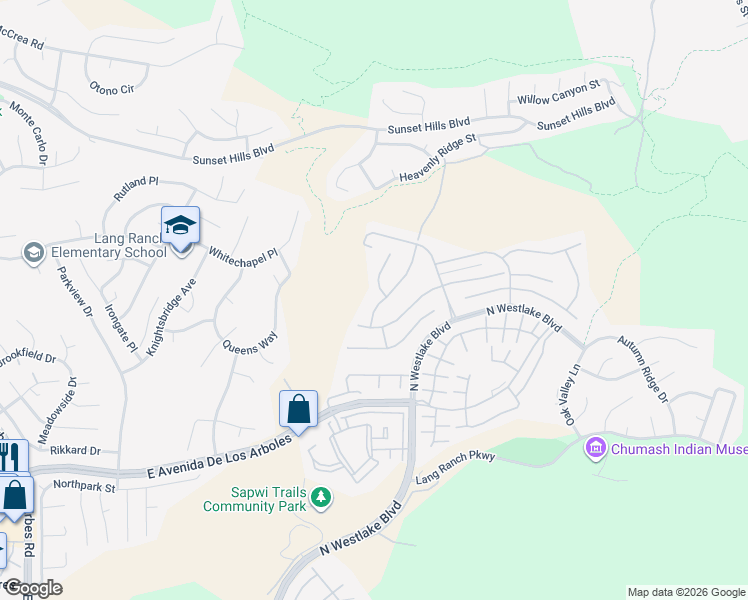 map of restaurants, bars, coffee shops, grocery stores, and more near 2827 Arbella Lane in Thousand Oaks