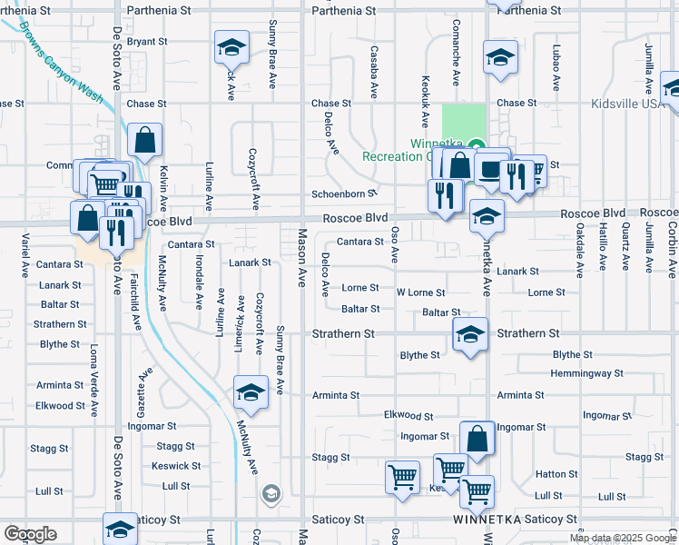 map of restaurants, bars, coffee shops, grocery stores, and more near 20416 Lanark Street in Los Angeles