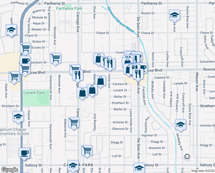 map of restaurants, bars, coffee shops, grocery stores, and more near 8131 Variel Avenue in Los Angeles