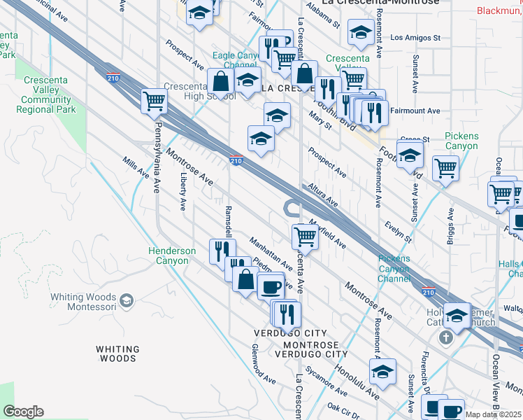 map of restaurants, bars, coffee shops, grocery stores, and more near 2905 Montrose Avenue in Glendale
