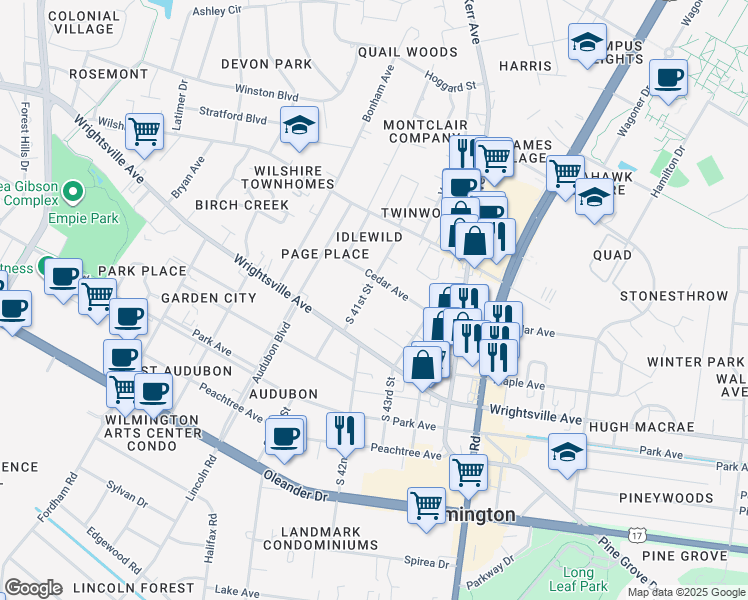 map of restaurants, bars, coffee shops, grocery stores, and more near 1013 South 41st Street in Wilmington